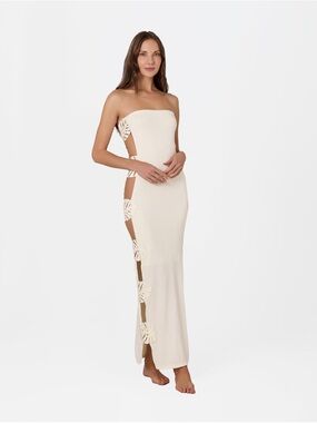 Strapless Cream Cutout Maxi Dress with Floral Side Accents